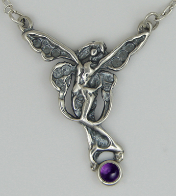 Sterling Silver Victorian Winged Fairy Necklace With Amethyst
